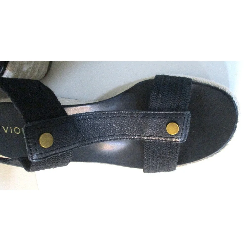 Vionic Calera Black Espadrille Wedge Sandals Womens 10 T-Strap Platform Orthotic